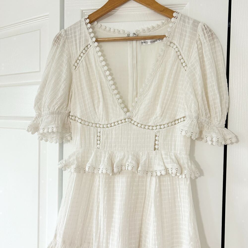 Showpo Saints + Secrets White Puff Sleeve Ruffle Mini Dress Size S Cotton EUC - Picture 6 of 10